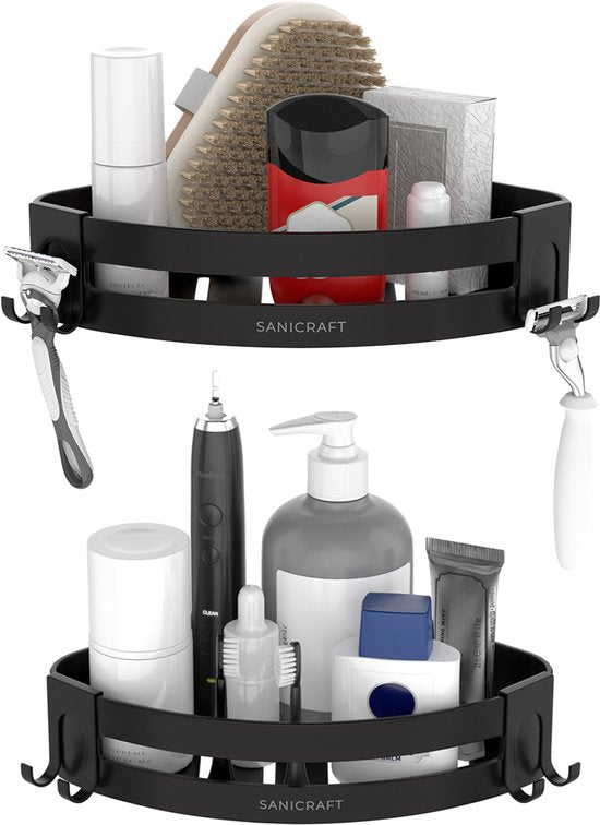 Sanicraft® - Support de douche - Tablette de douche sans perçage - Convient à tout type de mur - Support de douche suspendu - Tablette de douche noire - Tablette de douche - Inox - 2 pièces