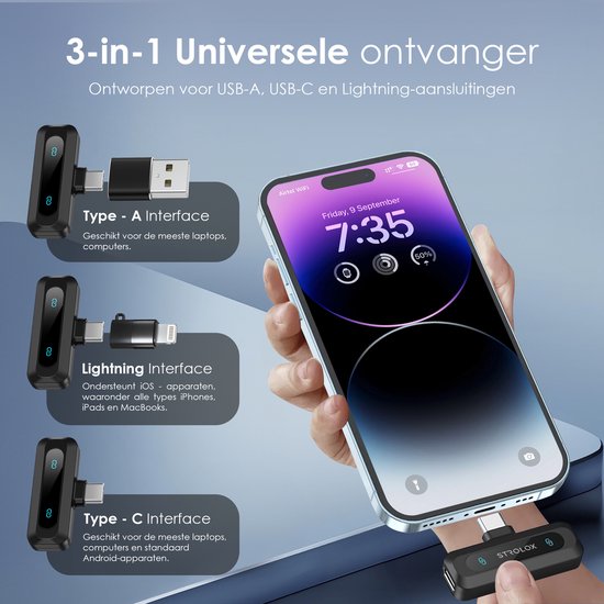 Microphone sans fil Strolox® Pro - Lot de 2 - Micro-cravate - Protège-vent - Épingle de cravate - Batterie longue durée - USB-C/Lightning - Plug & Play
