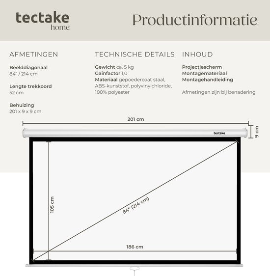 Écran de projection tectake® - 84 pouces (214 cm) - Écran de projection 16:9 - Fixation murale ou au plafond - 4K HD - Enroulable - Déployable - Toile de projection - Écran de présentation - Home cinéma - Matériel de fixation inclus