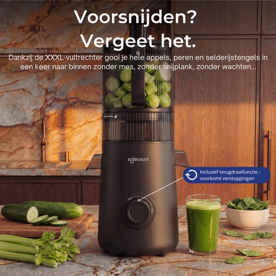 Safecourt Kitchen Slow Juicer XXL - moteur puissant [Technologie de pré-coupe et de pression à froid] - nettoyage facile - sans BPA - presse-agrumes Noir
