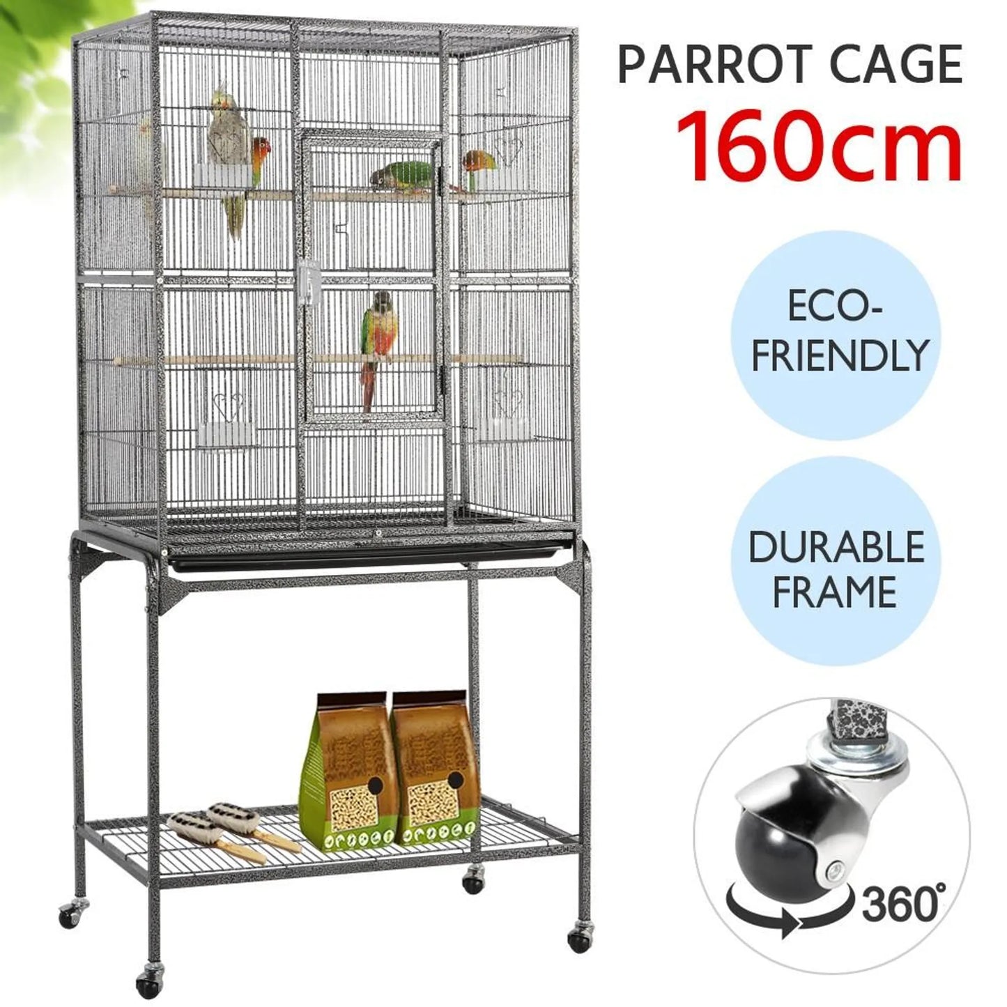 Yaheetech Cage à oiseaux avec base mobile - équipée d'une cage amovible, de six portes d'accès et d'une étagère de rangement - pour perruches et perruches faucons - métal noir martelé - 81 x 47 x 160 cm