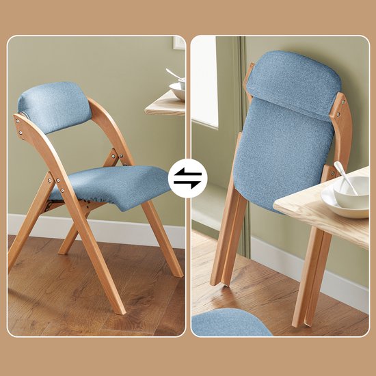SoBuy Chaise pliante en bois avec coussin d'assise rembourré, chaise de bureau, chaise de salle à manger, Nature/Bleu, 47,5x77x59 cm, FST92-BL - pour salle à manger, balcon ou bureau