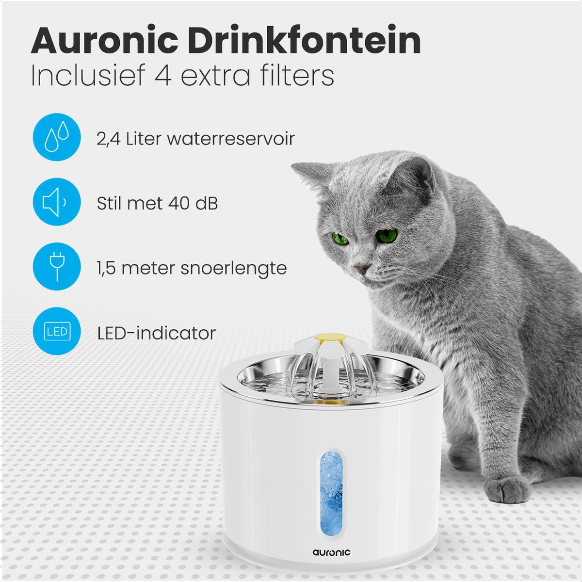 Abreuvoir Auronic - Fontaine à eau pour chats et chiens - 2.4L - Abreuvoir pour animaux - 4 filtres et 2 brosses inclus - Blanc