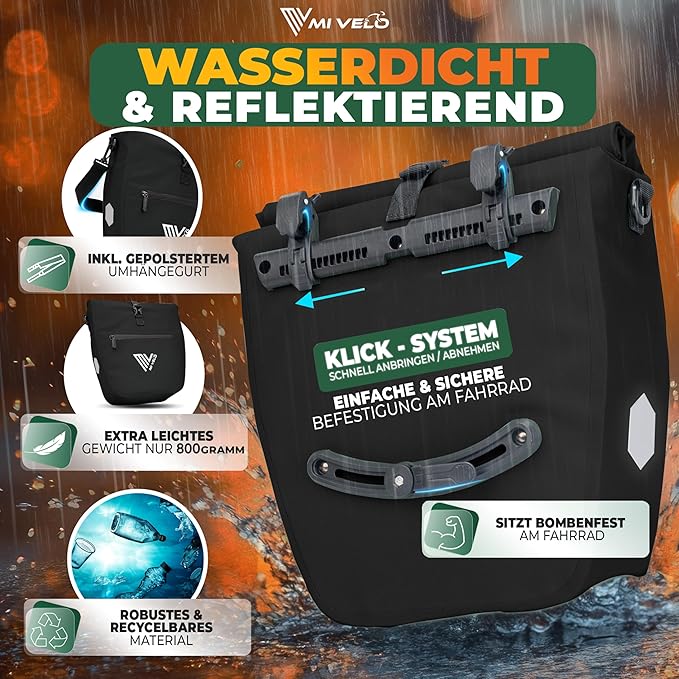MIVELO Pannier - Imperméable & Incl. Compartiment pour ordinateur portable & Bandoulière - 20 litres - Noir