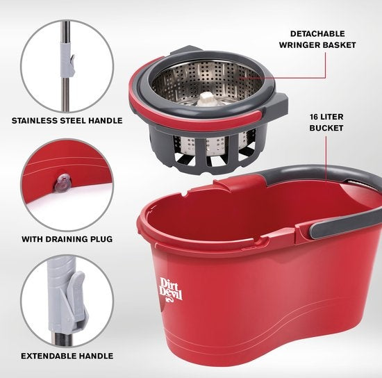 Dirt Devil Système de nettoyage avec essoreuse - 16 L - 17⌀ x 98 - 118 CM - Rouge