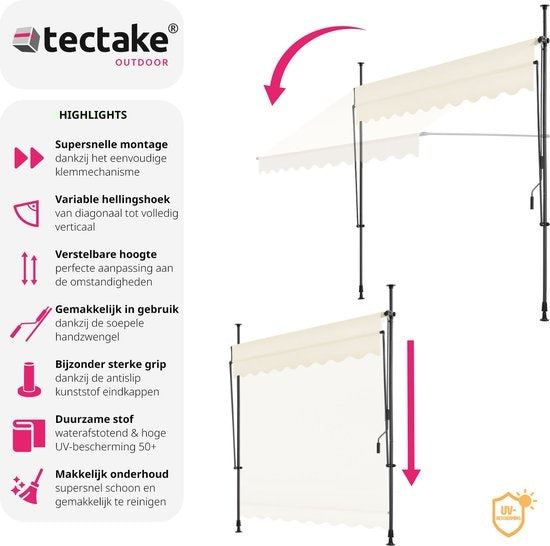 tectake - store à pinces - parasol - réglable - store à pinces - parasol balcon - 250 x 180 cm - beige - store - 404960