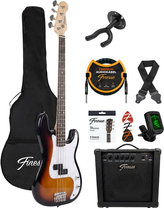 Guitare basse électrique Finesse avec ampli - Kit de démarrage - Adultes - Enfants - Sunburst