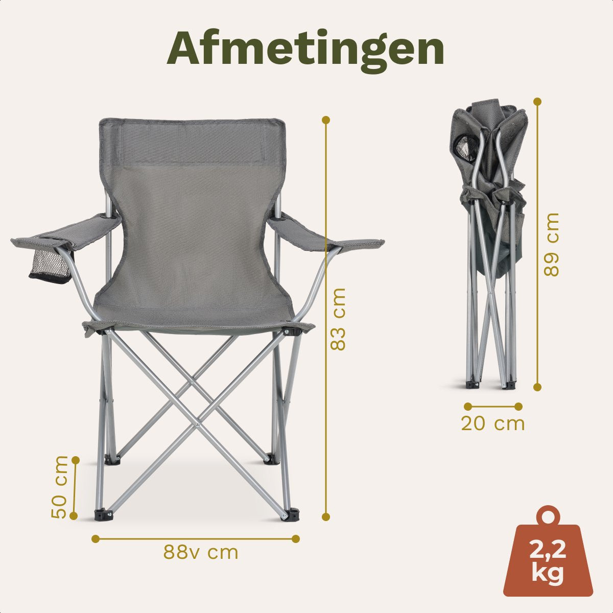 TRVLMORE Chaise de camping - Pliable - Capacité de charge de 120 kg - Sac de transport inclus - Chaise pliante - Chaise de pêche - Chaise de camping - Chaise pliante - Gris
