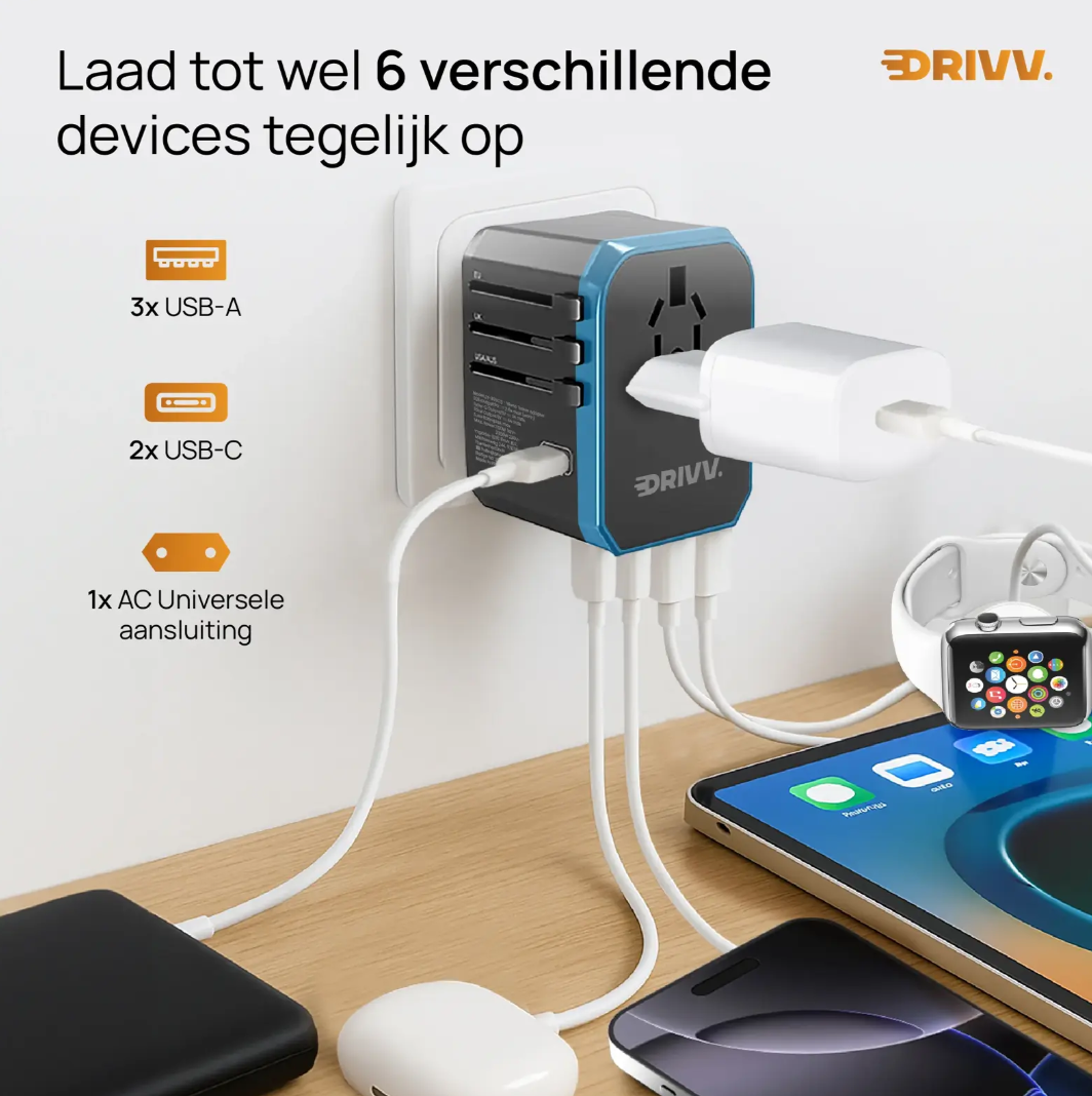 Drivv - Adaptateur universel USB-C - 6 ports - 2 300 W - Compatible avec plus de 150 pays
