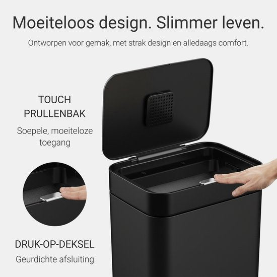 Poubelle avec compartiment de 60 litres - Avec anneaux de tri sélectif 2x 30 litres - Acier inoxydable - Noir - 42x33x76 cm - STAUS&BACH Nuvio