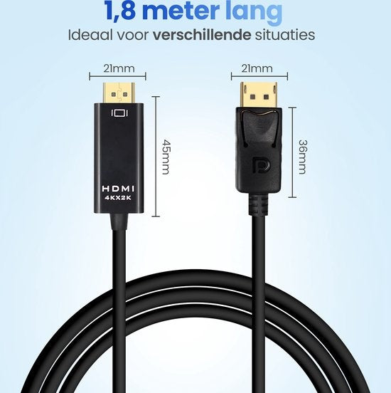 Garpex® Câble DisplayPort vers HDMI - 4K 60Hz Ultra HD - 1,8 mètres