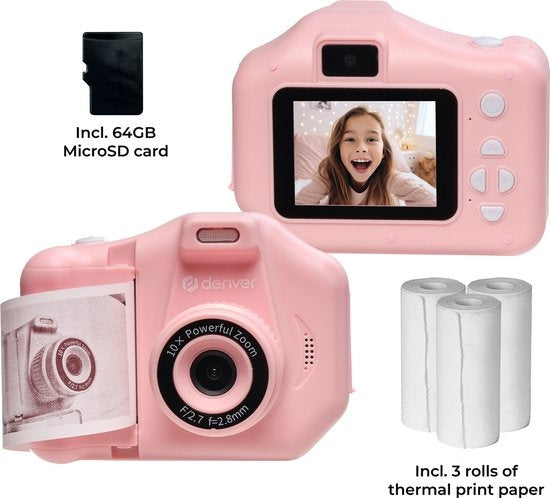 Denver Kids' Camera Full HD with Printer - Selfie Camera - 48MP - Digital Camera Kids - Photo and Video - Games - KPC1370 - Pink