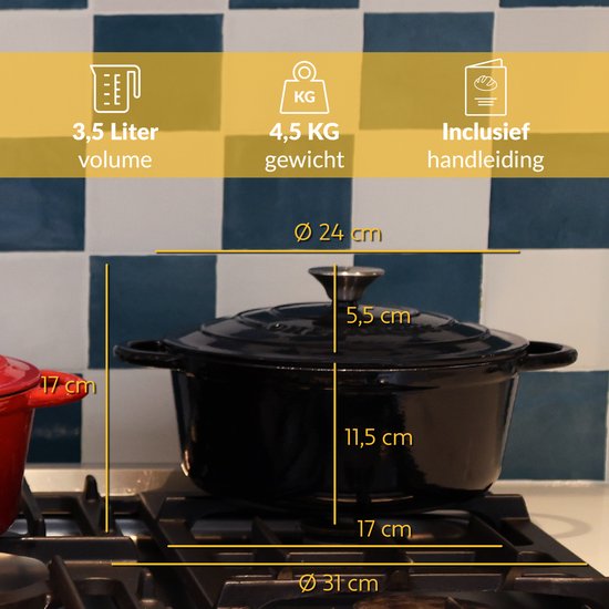 Casserole en fonte Chefarone 3,5 L - Sans PFAS - Avec couvercle - Compatible avec toutes les sources de chaleur - Émaillée noire