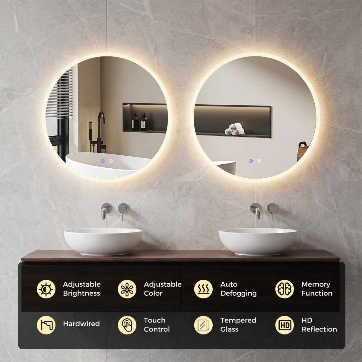 Miroir de salle de bains rond Coast à LED - miroir de maquillage rétroéclairé - 3 couleurs de lumière - 60 cm - argent