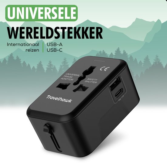 TravelHawk Universal World Plug avec USB-C et port USB - Prise de voyage - Prise de voyage internationale pour 150+ pays - Amérique (USA) - Angleterre (UK) - Australie - Asie - Amérique du Sud - Afrique - Prises mondiales - Noir