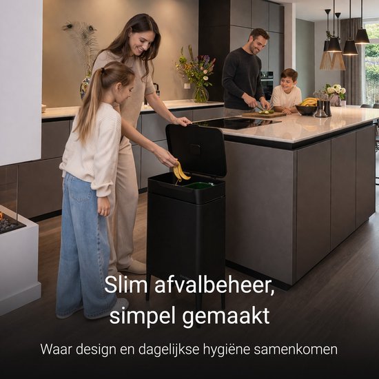 Poubelle avec compartiment de 60 litres - Avec anneaux de tri sélectif 2x 30 litres - Acier inoxydable - Noir - 42x33x76 cm - STAUS&BACH Nuvio
