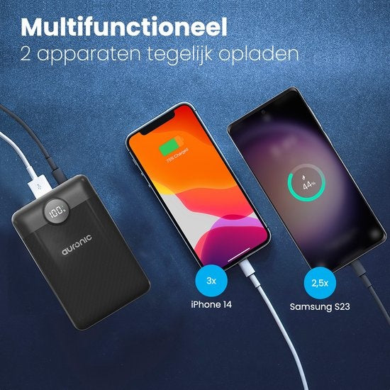 Auronic Powerbank - Chargeur rapide iPhone et Samsung - 10 000 mAh - 22,5W - 2 ports de charge - Chargement rapide via USB-A et USB-C - Noir