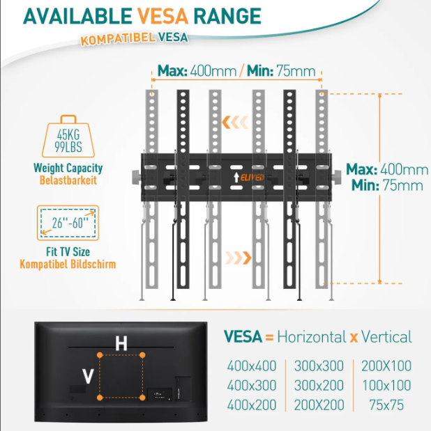 Support mural pour téléviseur ELIVED Ultra Slim 26 à 60 pouces - Inclinable - Jusqu'à 45 kg