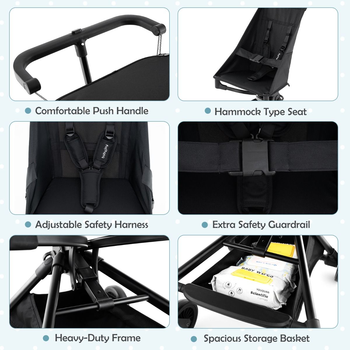 Poussette Coast - Pliable et légère - Roues tout-terrain - Noir