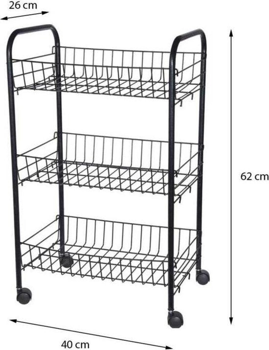 Zwarte keuken trolley met manden op wielen 39 x 23 x 64 cm