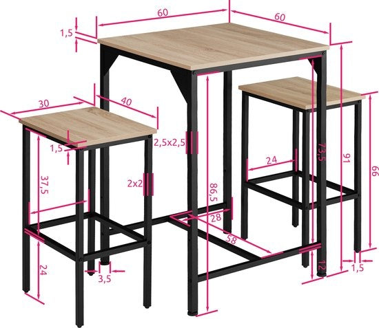 tectake - Set de table de bar Inverness industrial light brown - 404363
