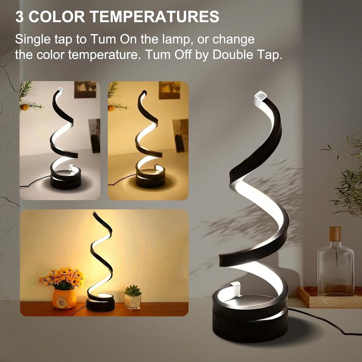 NEXXT - Lampe de table LED Spiral - Alimentation USB - Dimmable - 3 couleurs de lumière - Design minimaliste - Table de chevet / Bureau - Noir