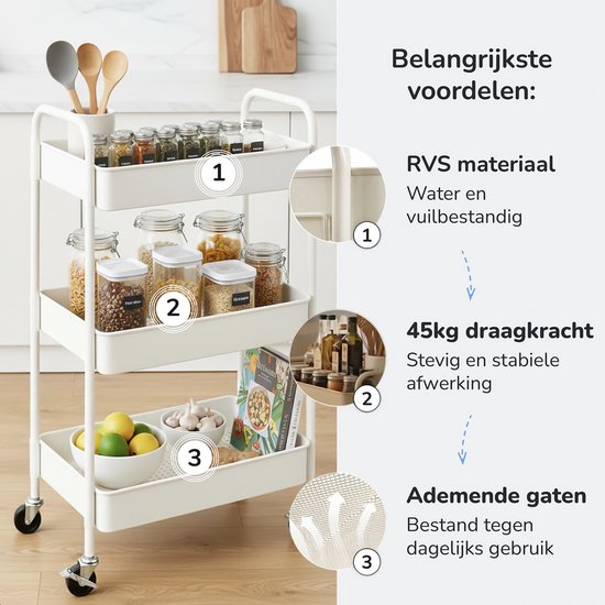 Chariot de cuisine à roulettes - 3 étages - Étagère de cuisine - Chariot de service - Armoire - Chariot - Rangement - Armoires de douche sur pied - Étagère - Blanc - Luft