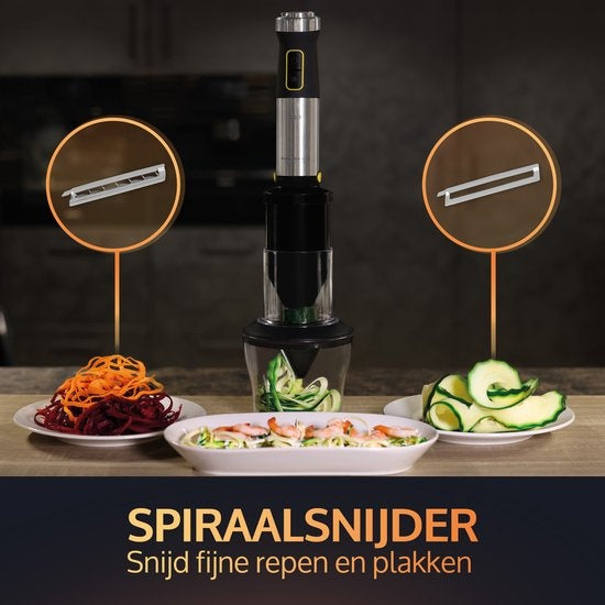 JAP Appliances ForceBlend F3 - 7in1 Hand blender set (1500W) - Comprend un robot culinaire, une tasse à mesurer, un éminceur en spirale, un fouet et un batteur - Pour la soupe, la viande, les smoothies et les collations pour bébés - Black/RVS