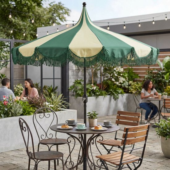 Mica Decorations Kim : parasol rayé avec sac de transport - Parasol à mât 238 x Ø 235 cm - Parasol de jardin ou de balcon - Polyester, acier - Vert foncé
