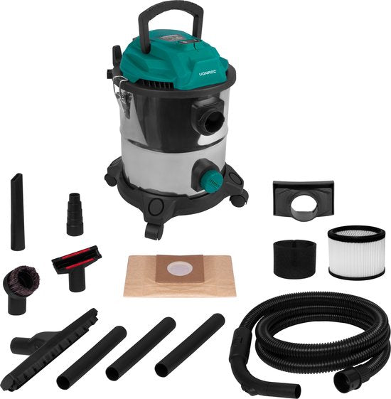 VONROC Aspirateur eau et poussière - Aspirateur tout usage - 1400W - Fonction soufflage - Réservoir 20L - Flexible 3m - Câble d'alimentation 6m
