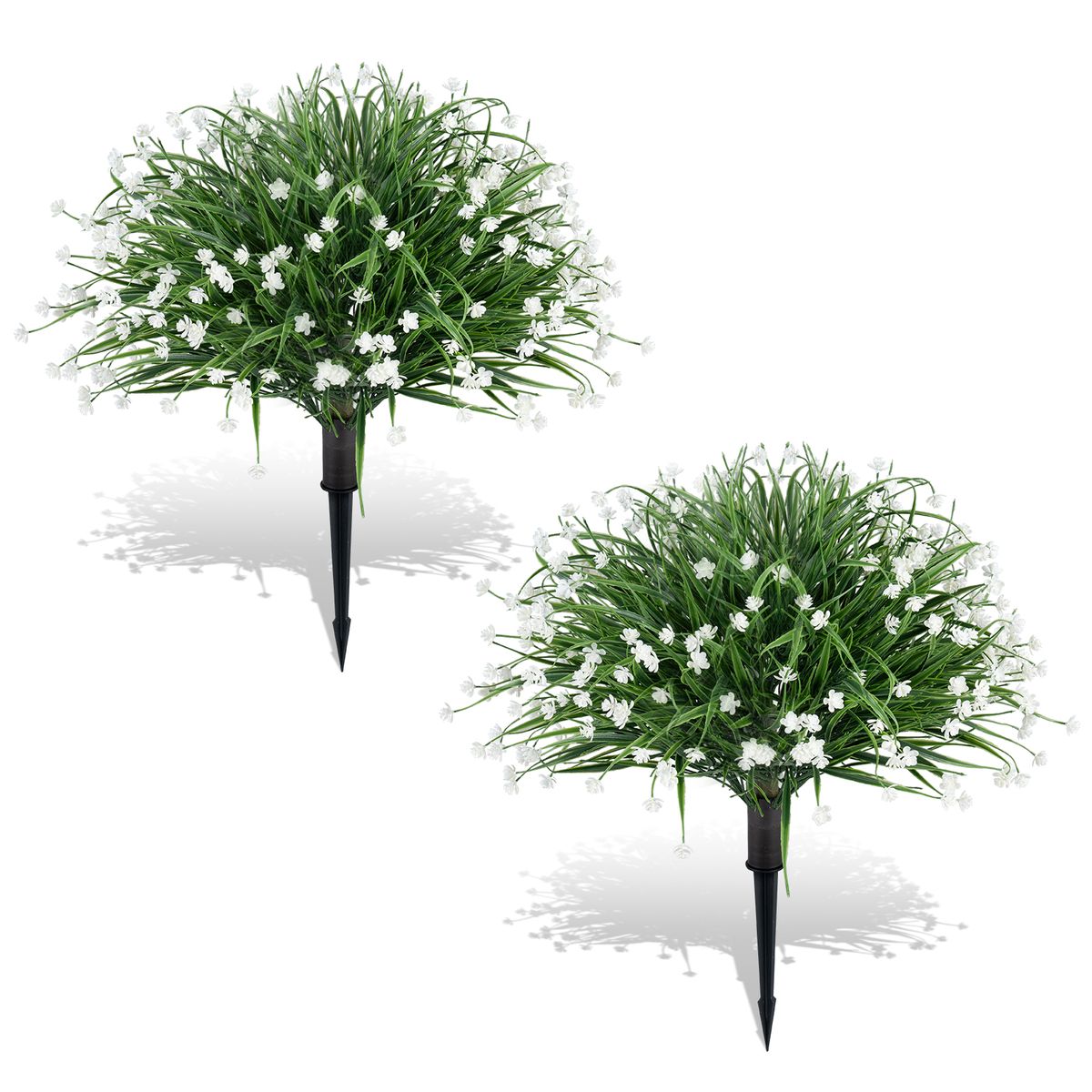 Coast - Lot de 2 arbustes décoratifs - Plantes artificielles réalistes - Avec piquets de fixation - Vert et blanc - 70 cm