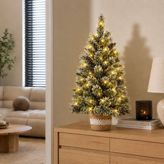 Black Box Trees Vandans : sapin de Noël artificiel avec éclairage - Sapin de Noël H 90 x Ø 48 cm - Sapin artificiel en pot avec des branches enneigées - Vert