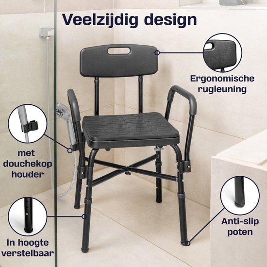 Sanicraft® Chaise de douche - Tabouret de douche avec accoudoir et support de pommeau de douche - chaise et tabouret en 1 - hauteur réglable - pieds antidérapants - noir