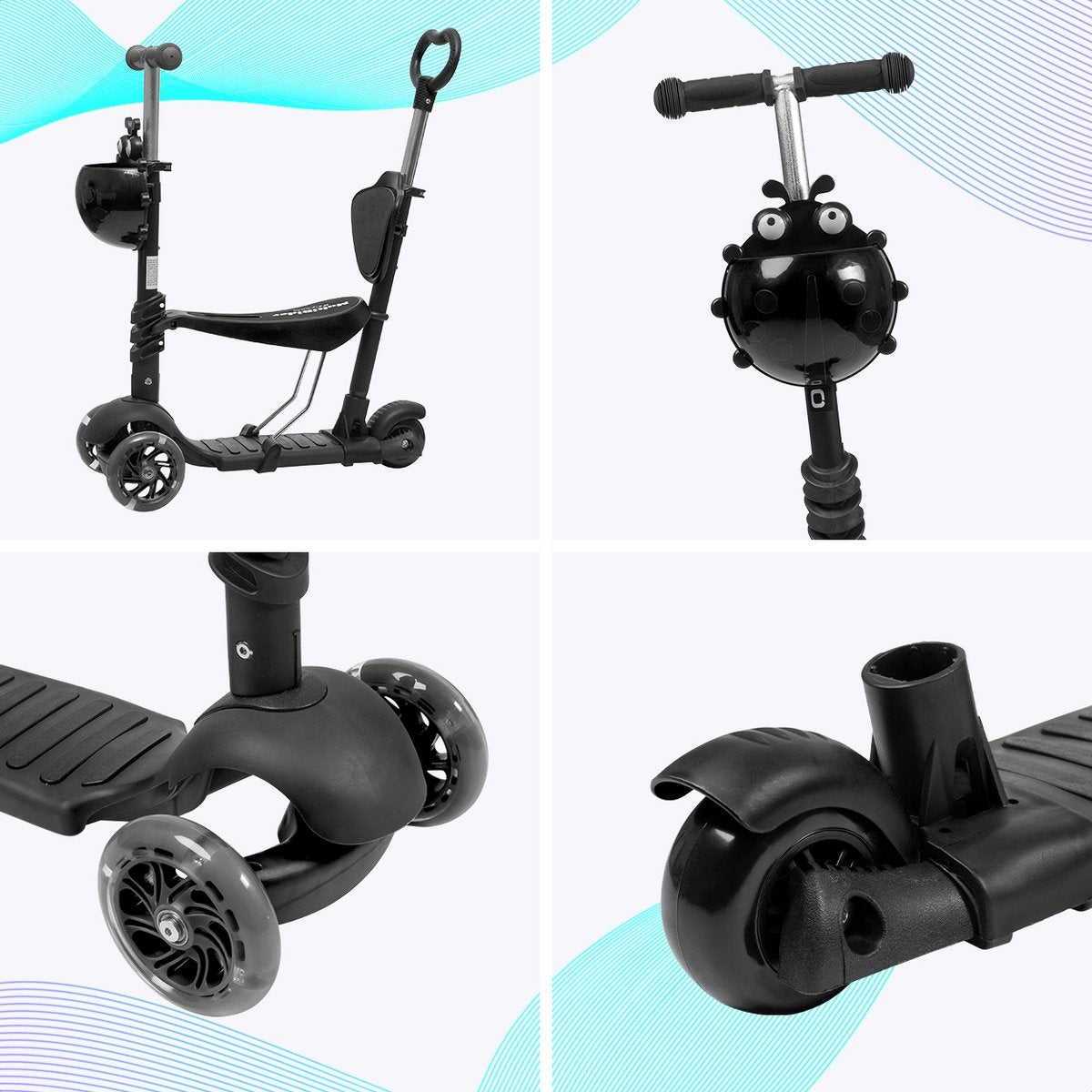 Scooter pour enfants avec barre de poussée - LifeGoods MultiRider - 3 -8 ans - Garçons/Filles - 3 roues lumineuses - Noir