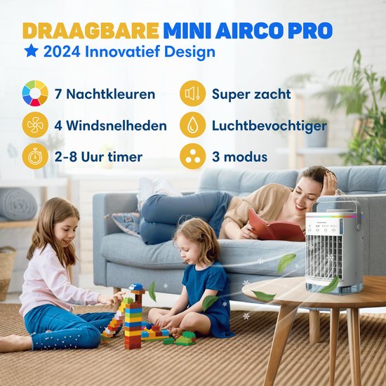 Vulpes Goods® Tech - Mini Airco PRO - Climatiseur mobile - Rafraîchisseur d'air 4en1 - Rafraîchisseur d'air - Ventilateur de table - 4 vitesses de vent, 2 modes d'humidification et minuterie - Etanche - Blanc