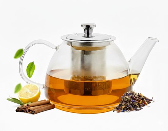 Vaja® Théière en verre Fay avec filtre en acier inoxydable - 1 litre - Infuseur de thé - Pour thé en vrac / fleurs de thé - Cadeau de Noël - Verre borosilicaté avec bec verseur anti-goutte