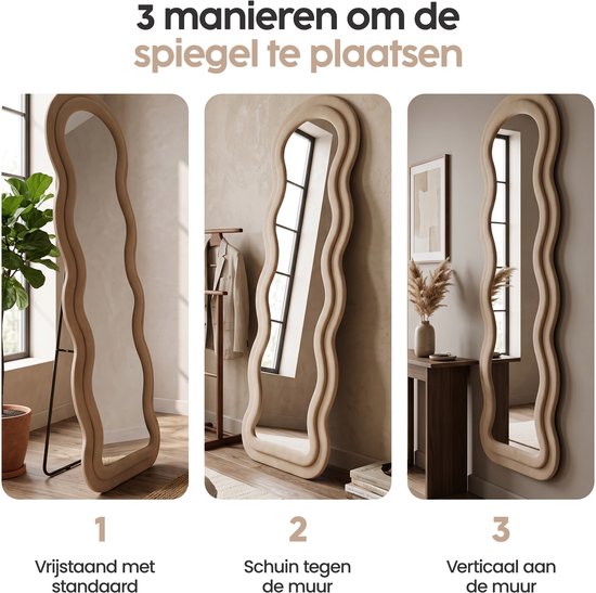 Infinity Goods Miroir en forme de vague - 160 x 60 cm - Miroir mural design - Miroir sur pied rembourré - Suède - Beige