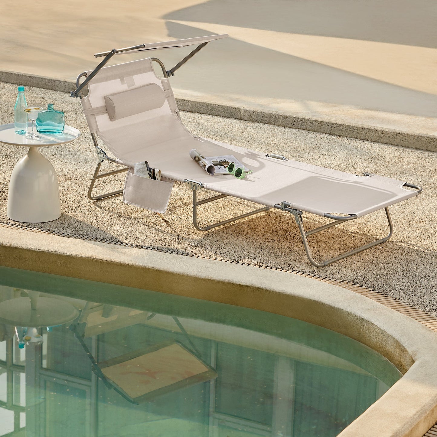 SoBuy Chaise longue avec pare-soleil - Pliable - Max. 120 kg - 195 x 63 x 30 cm - Beige