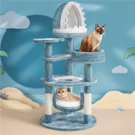 Yaheetech Arbre à chat Ocean Style 115 cm - Bleu/Blanc - Arbre à chat avec maison pour chat, panier de couchage, plateau et poteaux en sisal