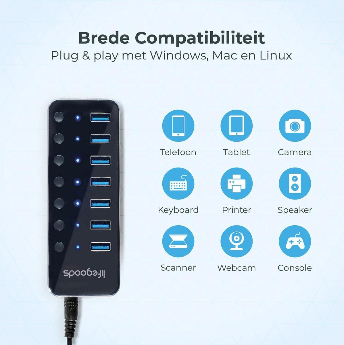 Auronic USB Hub 3.0 - Répartiteur USB avec 7 ports - avec alimentation - 5 GBP - Indication Led - Noir