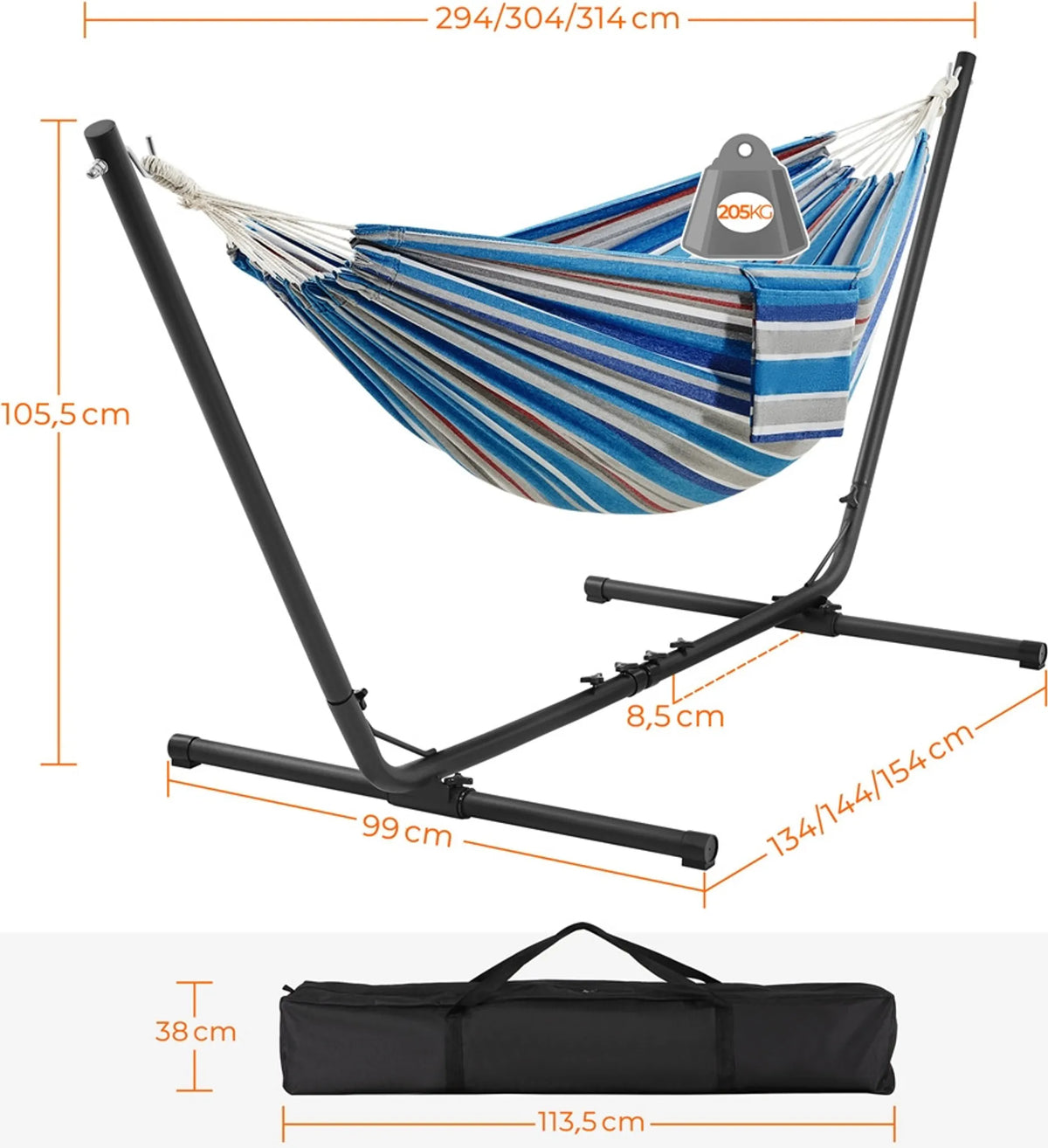 Hamac de camping avec support pour 2 à 3 personnes, réglable de 294 à 314 cm, bleu