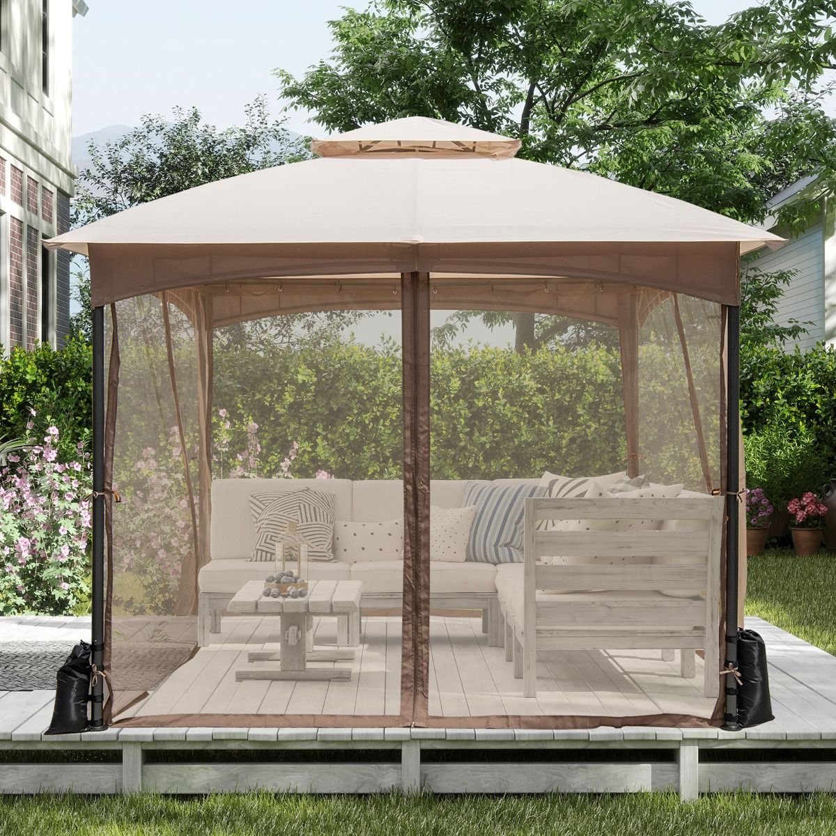 Pavillon de jardin Coast - double toit - moustiquaire et sacs de sable - kaki 3 x 3 m
