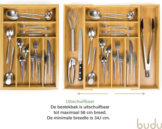 Budu Range-couverts extensible en bambou #50 (50 cm de profondeur) - Cassette à couverts en bois - Tiroir à couverts - 50 x 34.1 - 56 cm - 6/8 compartiments
