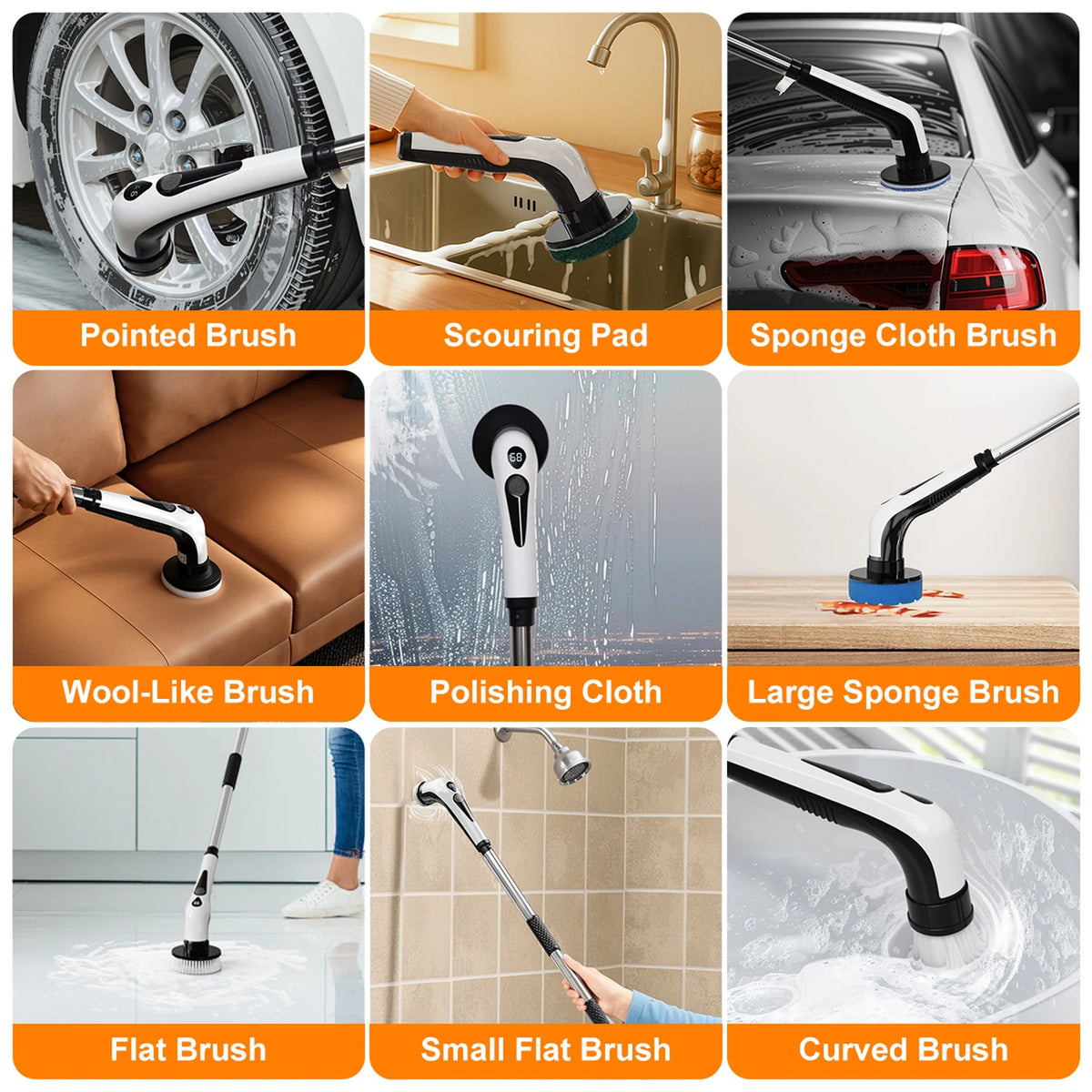 Brosse à récurer électrique sans fil Prasky - 9 têtes de brosse et manche télescopique de 55 à 120 cm - 400 tr/min - Étanche IPX8 - Noir