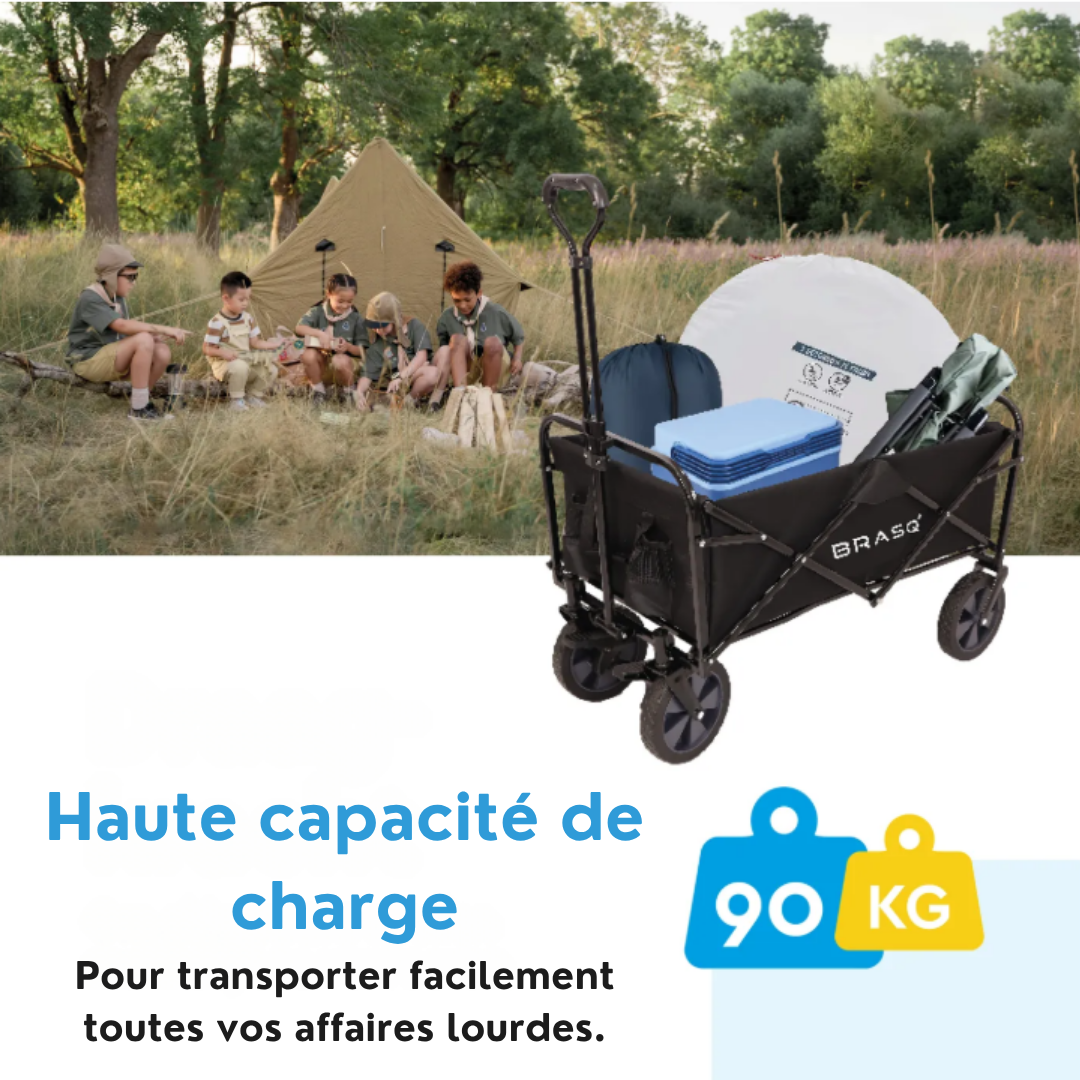 BRASQ Wagon pliable - 100 litres - Capacité 90 KG - Roues pivotantes avec frein - 90x51x100 CM - Poignée réglable - Noir