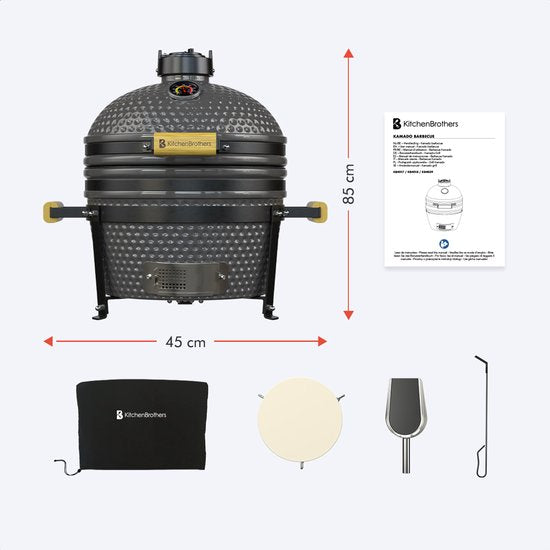 KitchenBrothers Kamado BBQ - 16 Inch Charcoal Barbecue - 34⌀ cm - PFAS-free - Deluxe Set - Egg BBQ with Accessories - Grey