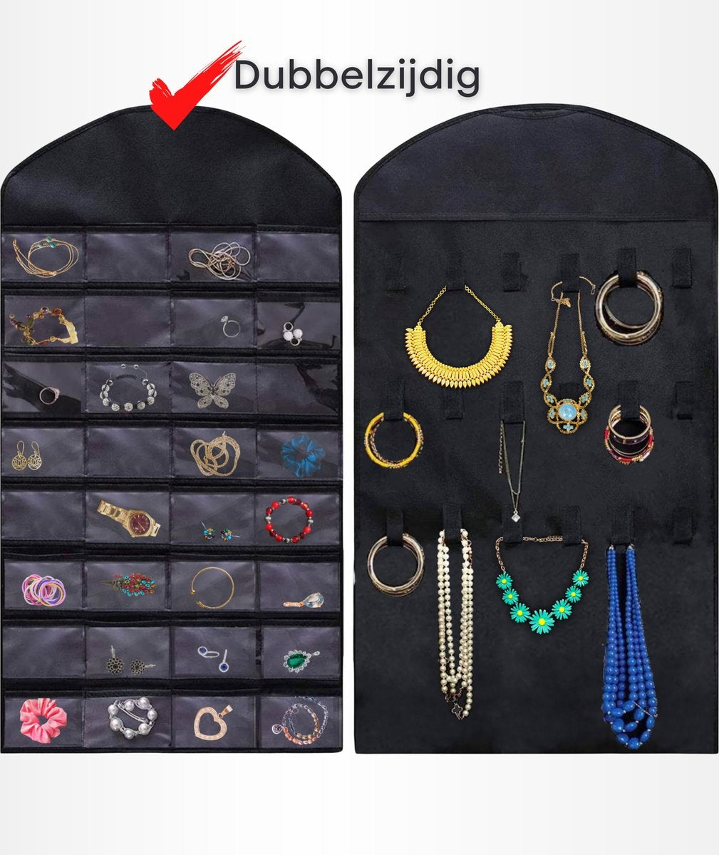 Aerend - Organiseur de bijoux - Porte-bijoux double face suspendu et transparent - Accessoires de rangement - Sac de rangement au-dessus de la porte en noir - Pour colliers, boucles d'oreilles, lunettes de soleil, bagues, Maquillage