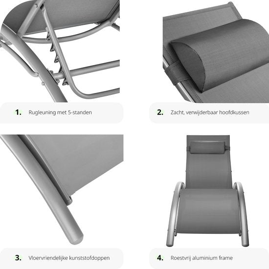 Tectake® Lot de 2 chaises longues de jardin - Gris Aluminium