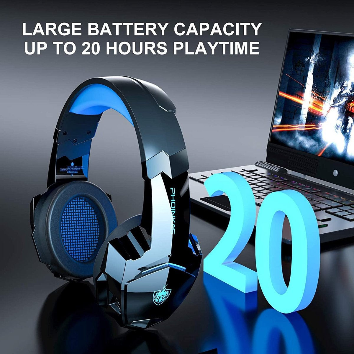 PHOINIKAS G9000 BT Bluetooth Laptop Gaming headset with microphone Over-ear Headphones -Black blue