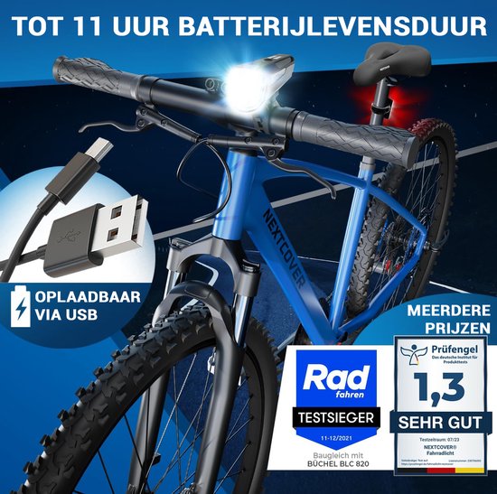NEXTCOVER® Bicycle Light Set LED 80 Lux Pro - White and Red with "LightSense" sensor switch built-in and 11h battery life - USB rechargeable & waterproof - StVZO (Germany) approved- LED bicycle light for bike light & bike tail light, bicycle lighting